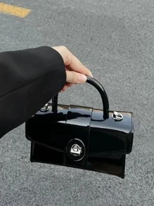 Waterproof Mini Minimalist Flap Artificial Patent Leather Square Bag, Waterproof, Sandproof Transparent Bag, Beach Sports Picnic Snacks Clear Purse For Women - Black - View 8