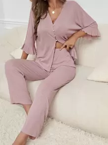Flounce Sleeve Button Front Top & Pants Lounge Set , Fall & Winter Clothes, Cozy Outfits - Dusty Pink - View 1