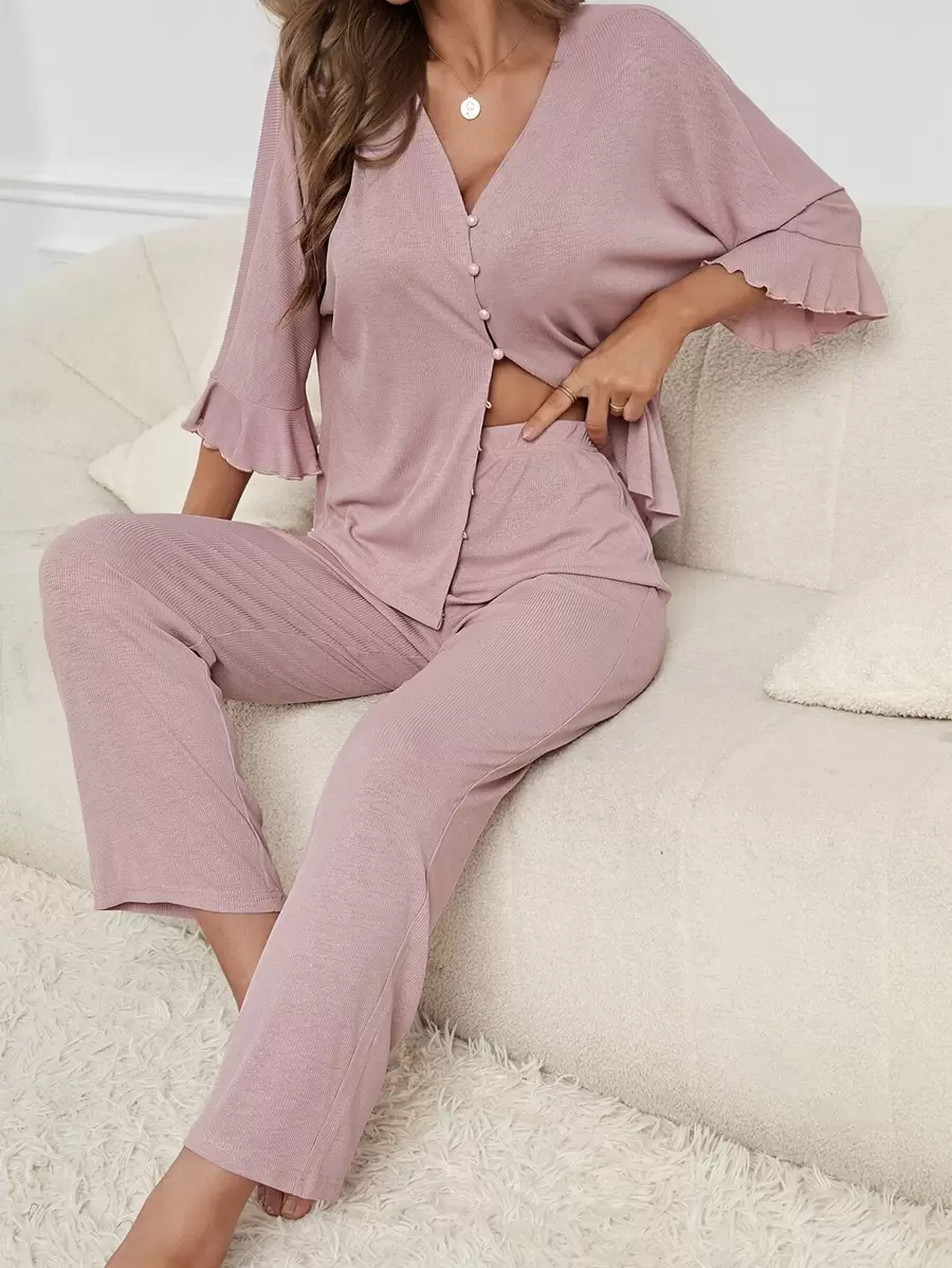 Flounce Sleeve Button Front Top & Pants Lounge Set , Fall & Winter Clothes, Cozy Outfits - Dusty Pink - View 1