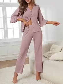 Flounce Sleeve Button Front Top & Pants Lounge Set , Fall & Winter Clothes, Cozy Outfits - Dusty Pink - View 3