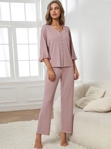 Flounce Sleeve Button Front Top & Pants Lounge Set , Fall & Winter Clothes, Cozy Outfits - Dusty Pink - View 4