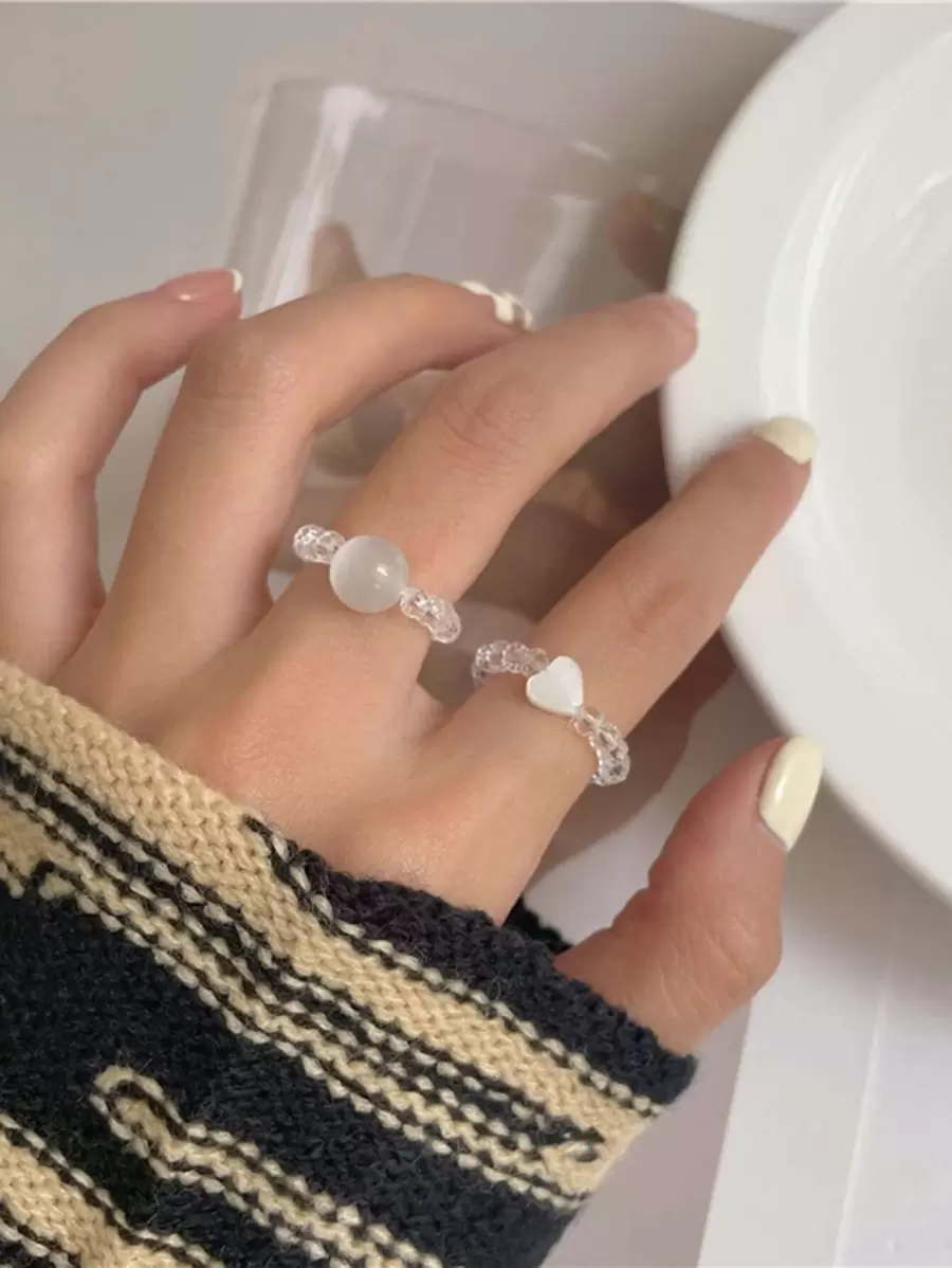 2 nhẫn hạt trái tim - trắng - Xem 1
