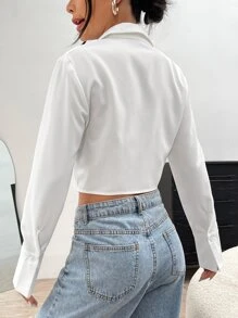 SHEIN EZwear Camisa unicolor fruncido crop - Blanco - Ver 2