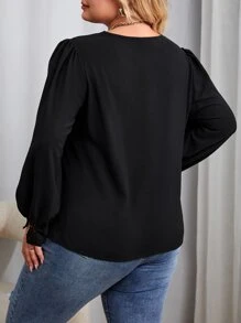 SHEIN Essnce Plus Guipure Lace Trim Puff Sleeve Blouse - Black - View 2