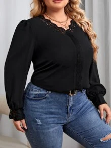 SHEIN Essnce Plus Guipure Lace Trim Puff Sleeve Blouse - Black - View 4