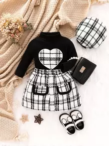 SHEIN Baby Girl Valentine's Day Plaid Print Heart Embroidery Tee & Plaid Print Skirt - Black and White - View 1