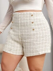 SHEIN Privé Plus High Waist Button Front Tweed Shorts - Beige - View 3