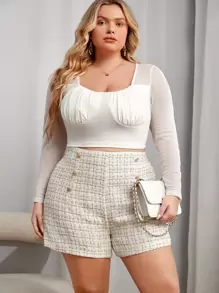 SHEIN Privé Plus High Waist Button Front Tweed Shorts - Beige - View 4
