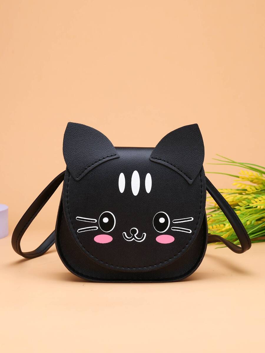 Mini bolso cruzado con forma de gato para niños, bolso accesorio de moda bonito estilo gato de dibujos animados para niñas jóvenes, monedero - Negro - Ver 1