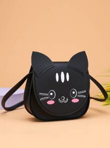 Mini bolso cruzado con forma de gato para niños, bolso accesorio de moda bonito estilo gato de dibujos animados para niñas jóvenes, monedero - Negro - Ver 2