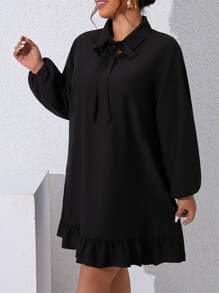 SHEIN Clasi Vestido smock de cuello con cordón de manga farol bajo con fruncido - Negro - Ver 1