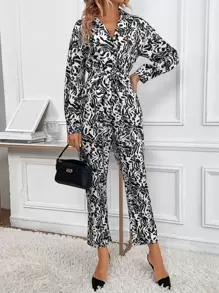 Allover Print Belted Shirt Jumpsuit - Multicolor - View 1