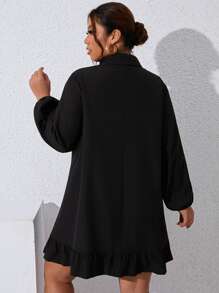 SHEIN Clasi Vestido smock de cuello con cordón de manga farol bajo con fruncido - Negro - Ver 2