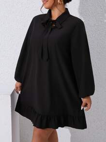 SHEIN Clasi Vestido smock de cuello con cordón de manga farol bajo con fruncido - Negro - Ver 3