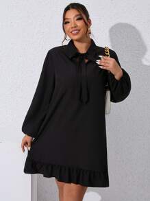 SHEIN Clasi Vestido smock de cuello con cordón de manga farol bajo con fruncido - Negro - Ver 4