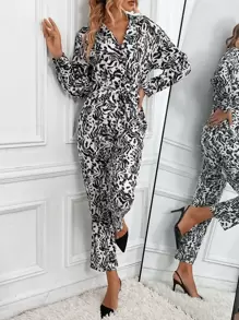 Allover Print Belted Shirt Jumpsuit - Multicolor - View 5
