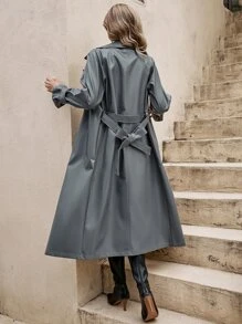 SHEIN Privé Raglan Sleeve Double Breasted Belted Trench Coat - Dark Grey - View 2