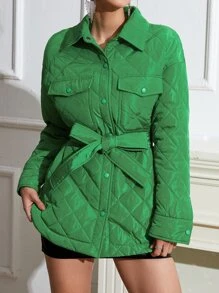 SHEIN Unity Flap Pocket Drop Shoulder Belted Quilted Coat - Green - View 1