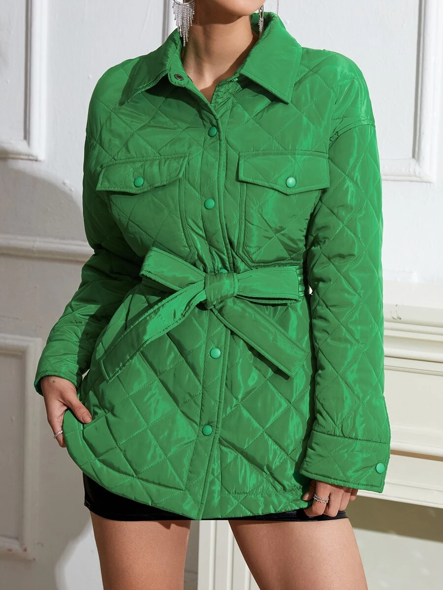 SHEIN Unity Flap Pocket Drop Shoulder Belted Quilted Coat - Green - View 1