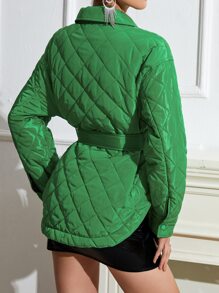 SHEIN Unity Flap Pocket Drop Shoulder Belted Quilted Coat - Green - View 2