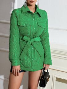 SHEIN Unity Flap Pocket Drop Shoulder Belted Quilted Coat - Green - View 4