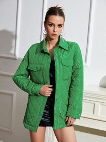 SHEIN Unity Flap Pocket Drop Shoulder Belted Quilted Coat - Green - View 5