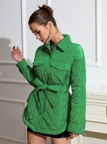 SHEIN Unity Flap Pocket Drop Shoulder Belted Quilted Coat - Green - View 6