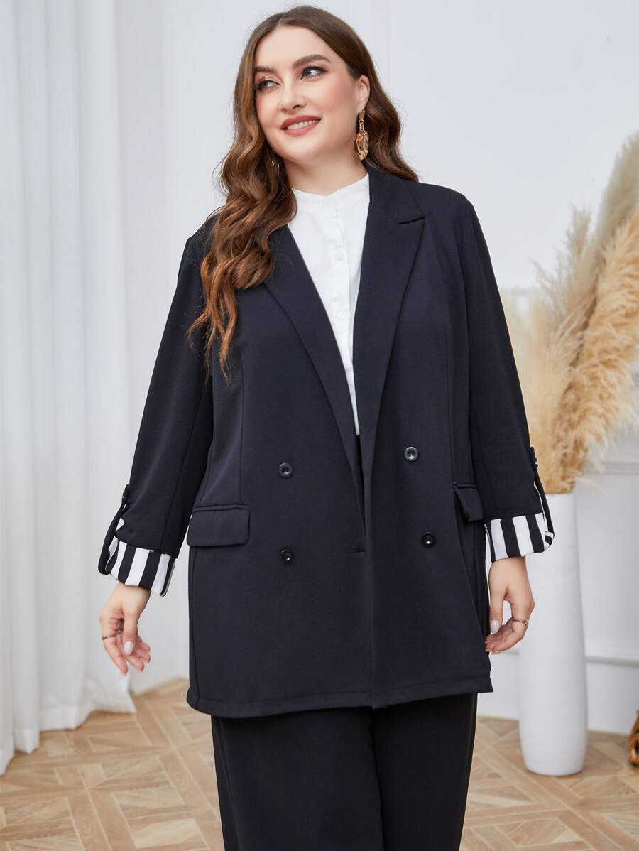 Mulvari Plus Double Breasted Striped Cuff Double Breasted Blazer - Black - View 1