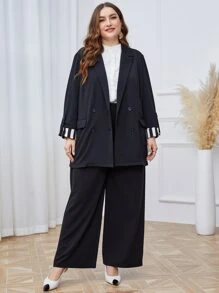 Mulvari Plus Double Breasted Striped Cuff Double Breasted Blazer - Black - View 4