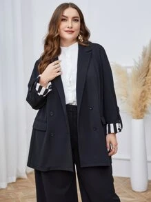 Mulvari Plus Double Breasted Striped Cuff Double Breasted Blazer - Black - View 5