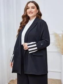 Mulvari Plus Double Breasted Striped Cuff Double Breasted Blazer - Black - View 6