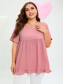 SHEIN LUNE 大碼素色荷葉邊娃娃裝襯衫 - 藕粉色 - 查看 4