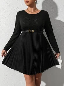 SHEIN Clasi Plus Laser Cut Out Pleated Hem Dress Without Belt - Black - View 1