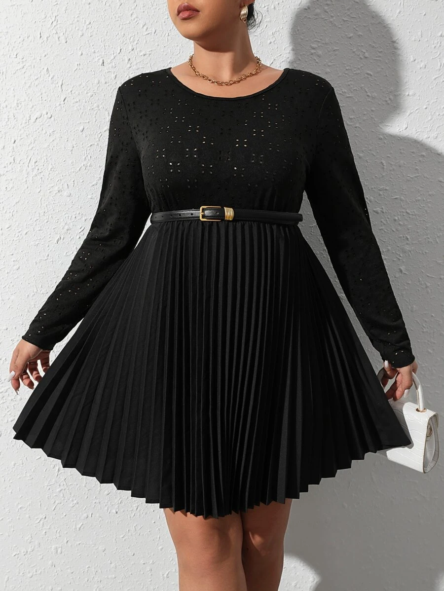 SHEIN Clasi Plus Laser Cut Out Pleated Hem Dress Without Belt - Black - View 1