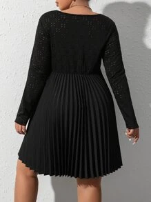 SHEIN Clasi Plus Laser Cut Out Pleated Hem Dress Without Belt - Black - View 2