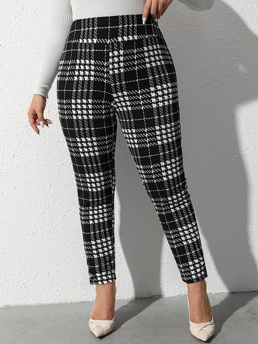 Plus Plaid Print Skinny Trousers - Black and White - View 1