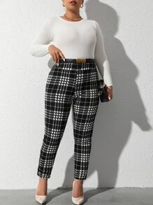 Plus Plaid Print Skinny Trousers - Black and White - View 3