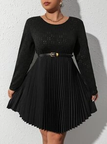 SHEIN Clasi Plus Laser Cut Out Pleated Hem Dress Without Belt - Black - View 5