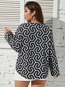 SHEIN LUNE Plus Allover Print Notched Neckline Top - Black and White - View 2