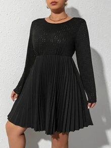 SHEIN Clasi Plus Laser Cut Out Pleated Hem Dress Without Belt - Black - View 6