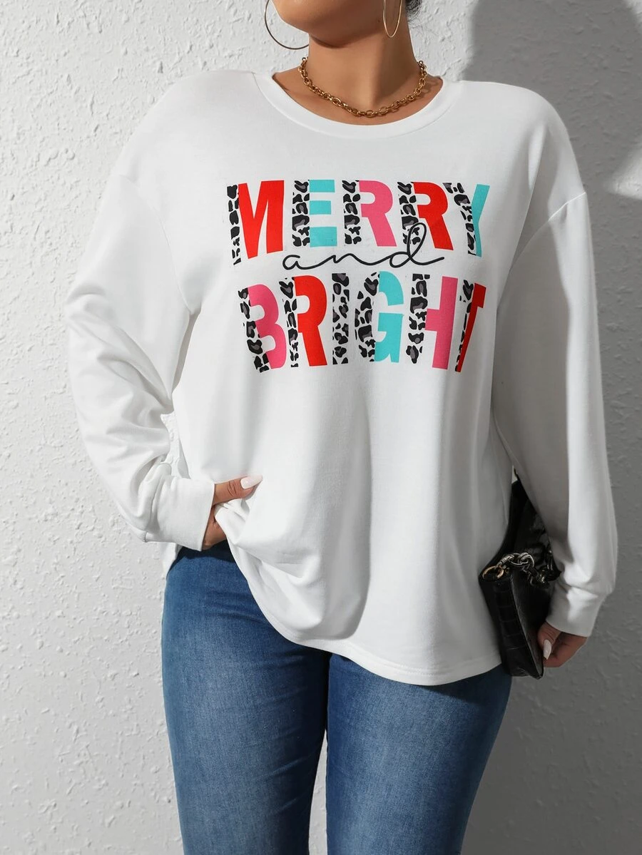 Calvaya Plus Letter Graphic Drop Shoulder Sweatshirt - White - View 1