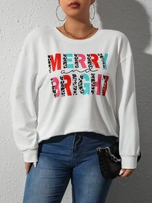 Calvaya Plus Letter Graphic Drop Shoulder Sweatshirt - White - View 5