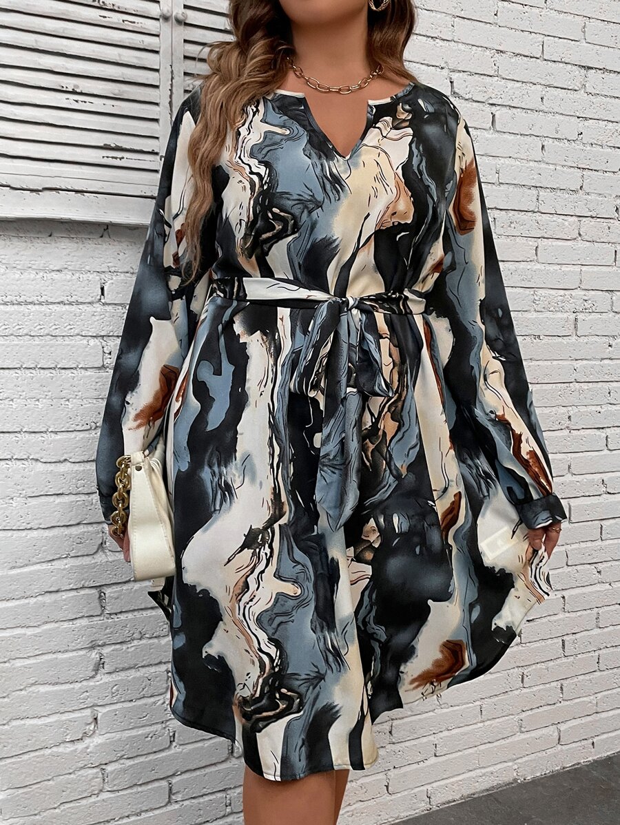 SHEIN Clasi Plus Marble Print Notched Neck Belted Dress Fall Cloth For Women - Multicolor - View 1