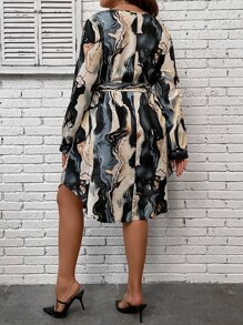 SHEIN Clasi Plus Marble Print Notched Neck Belted Dress Fall Cloth For Women - Multicolor - View 2