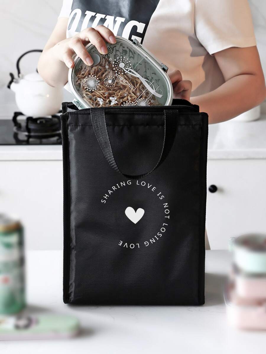 1pc Heart & Slogan Graphic Lunch Bag - Black - View 1