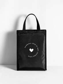 1pc Heart & Slogan Graphic Lunch Bag - Black - View 2