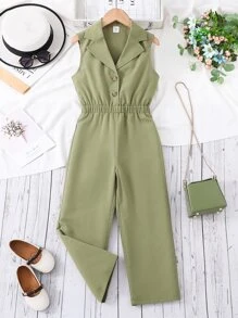 Girls Button Front Lapel Neck Sleeveless Shirt Jumpsuit - Army Green - View 1