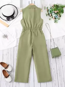 Girls Button Front Lapel Neck Sleeveless Shirt Jumpsuit - Army Green - View 2