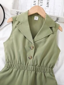 Girls Button Front Lapel Neck Sleeveless Shirt Jumpsuit - Army Green - View 3