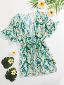 Chicas Kimono con estampado tropical con cordón delantero - Multicolor - Ver 1